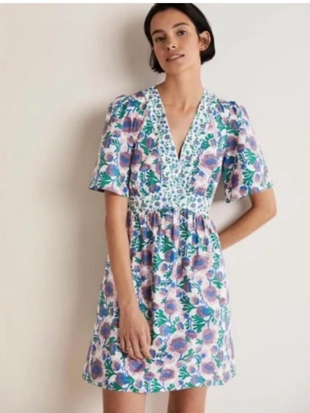 Boden V-Neck Contrast Detail Dress Multi Terrace Bud Floral Boho Size 12P